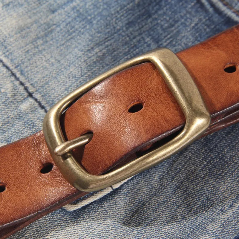 Handmade Luxury Vintage Casual Pure Copper Pin Buckle Women's Belt 100%  Genuine Leather Jeans Soft Belt Designer Belt