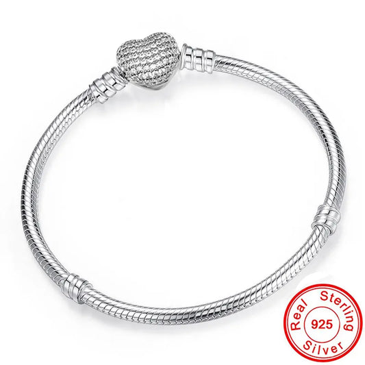 100% 925 Sterling Silver Charm Bracelet, Heart Clasp Snake Chain Fits Pandora Beads/Charms